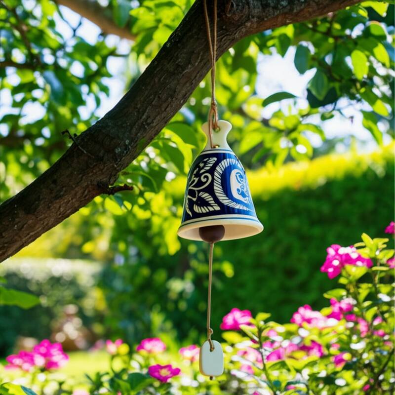 Ceramic Bells and Windchimes Handcrafted Hanging - 26" Ivory/Blue - 3" x 3" x 26" - Ivory - 3" x 3" x 26"