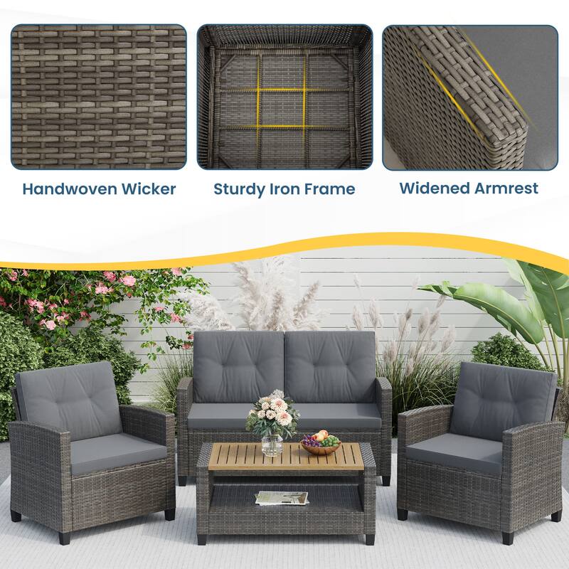 4-Piece Patio Furniture Set with 2-Tier Coffee Table, Perfect for Porch Balcony Backyard Deck