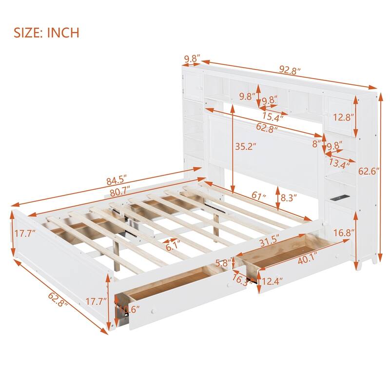 Queen Size Wooden Bed With All-in-One Cabinet, Shelf and Sockets