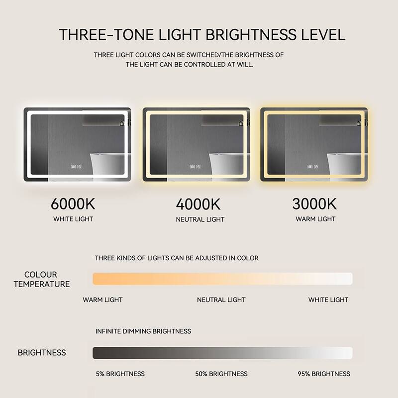 28/32/36/48/56 Inch Rectangular Frameless Anti-Fog Wall Mounted LED Bathroom Vanity Mirror