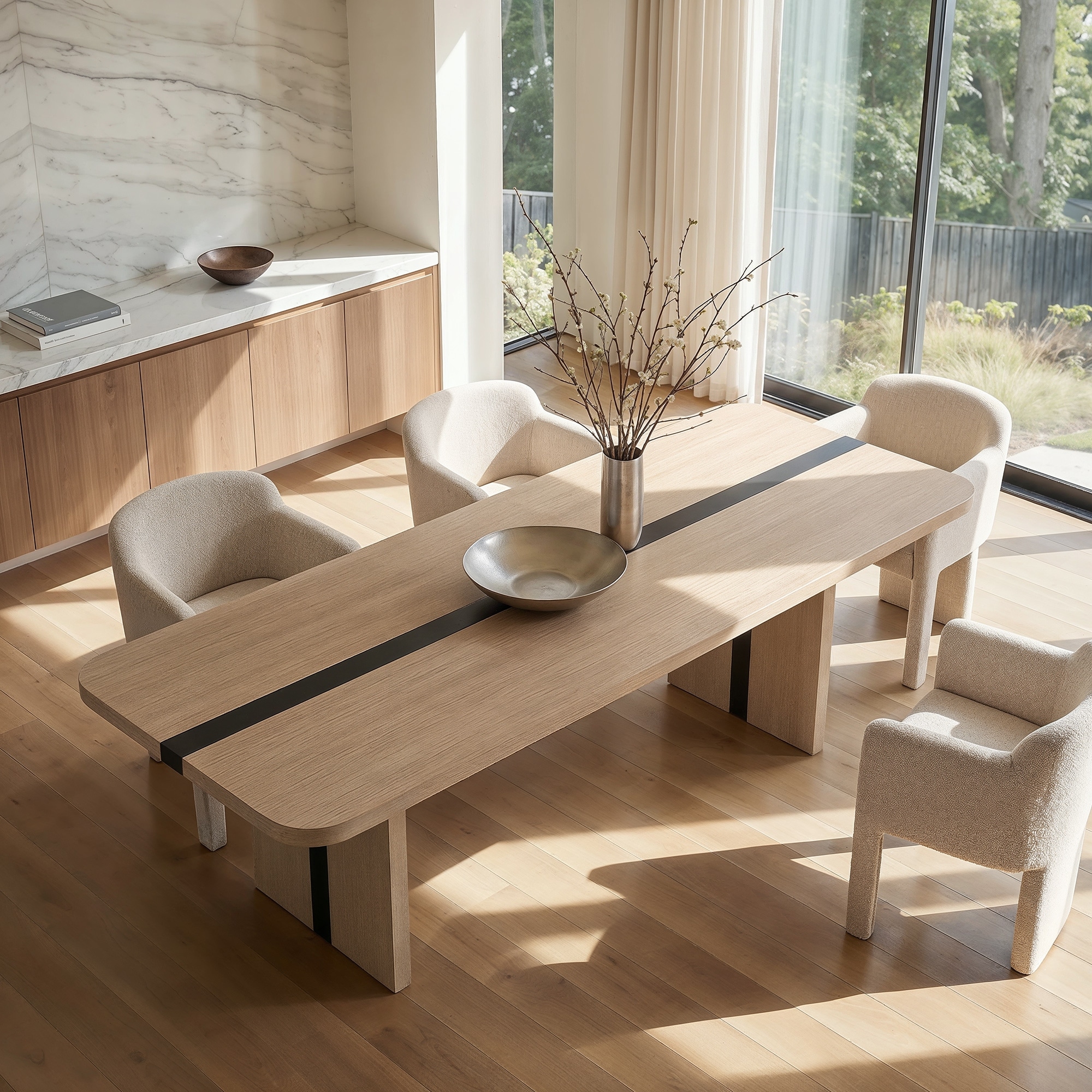 87" Modern Dining Table for 6-8 People, 1.5" Thick Rounded Edge Kitchen Table with Solid Wood Base, Contemporary Wooden Desk