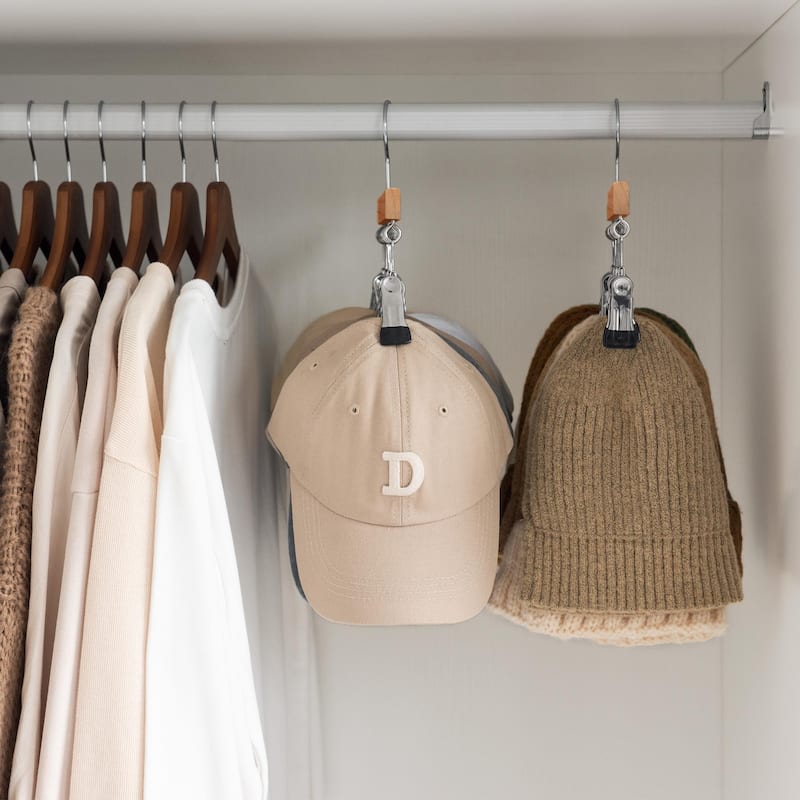 2 Pack Hat Organizer for Closet, Cap Storage Rack with 10 Adjustable Stainless Steel Clips - 14"D x 7.5"W x 1.25"H