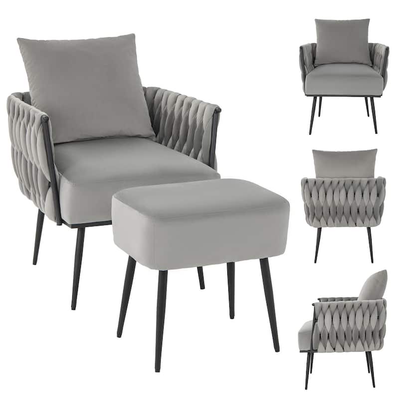 Dutch Velvet Accent Chair with Ottoman and Pillow on Black Metal Frame - 26” x 25.5” x 32”