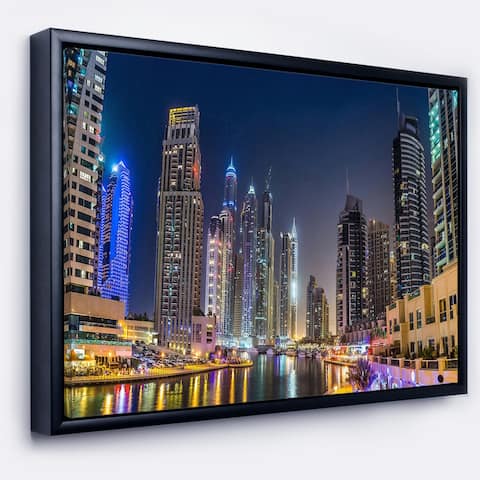 Designart "Dubai Downtown in Summer Night" Cityscape Photo Framed Canvas Print