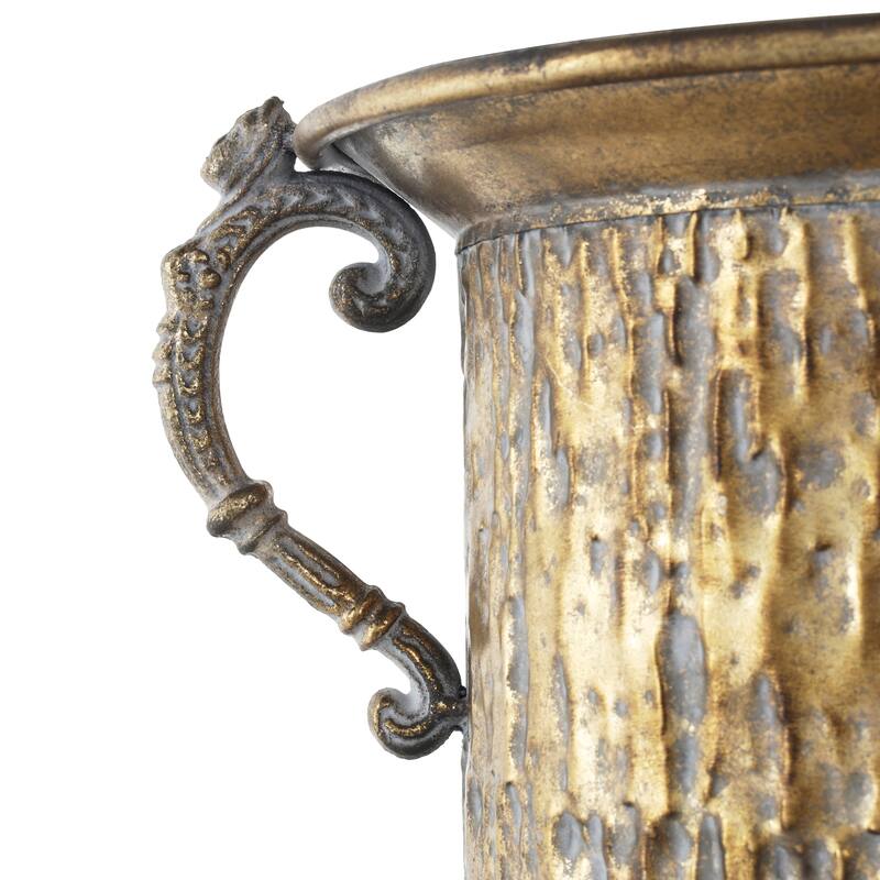 Gold Metal Urn Shaped Decorative Vase with Hammered Details