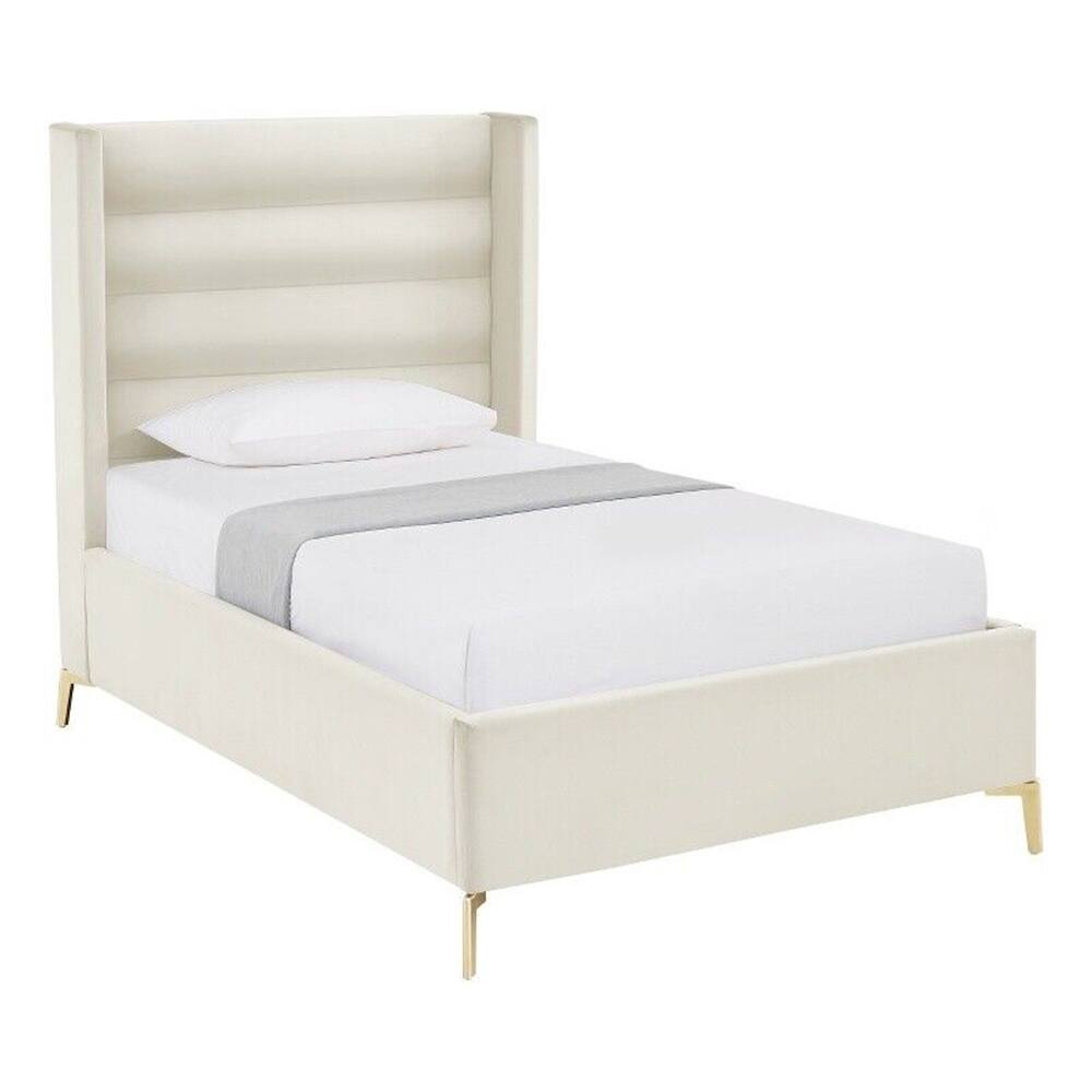 Upholstered Velvet & Wood Twin XL Platform Bed in Cream White Bed
