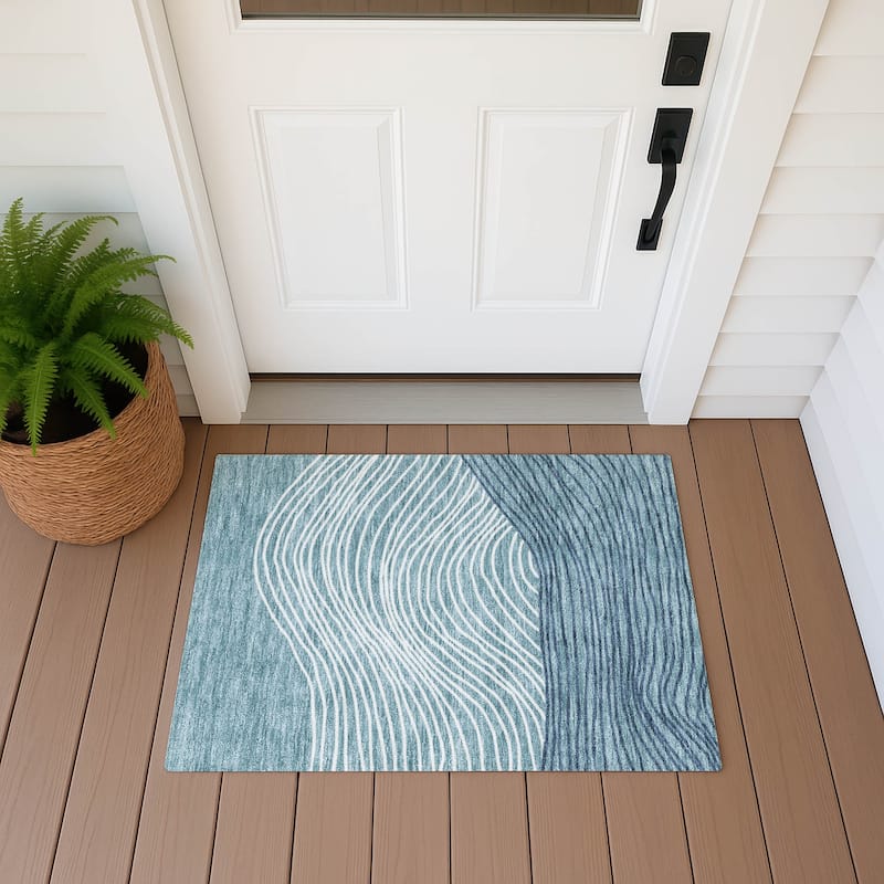 Machine Washable Indoor/ Outdoor Modern Arches Chantille Rug - Teal - 1'8" x 2'6"
