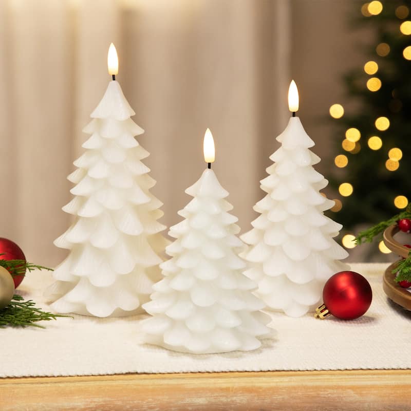 Flickering Flameless LED Christmas Tree Wax Candles - 7.25" - Set of 3 - White