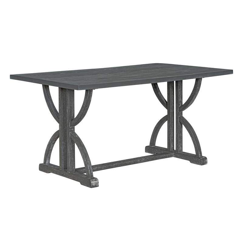 6 Pcs Wood Dining Table Set, Rectangular Kitchen Table Set with Unique Legs, 4 Upholstered Chairs and 1 Padded Bench