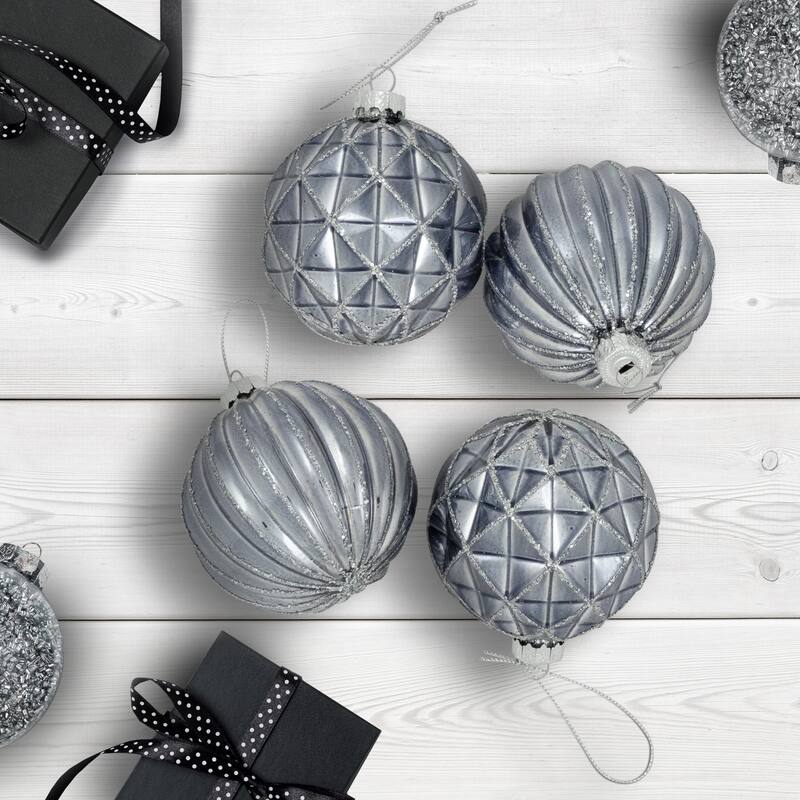 Geometric Glittered Shiny Glass Ball Christmas Ornaments - 3" (80mm) - Pewter - 4ct