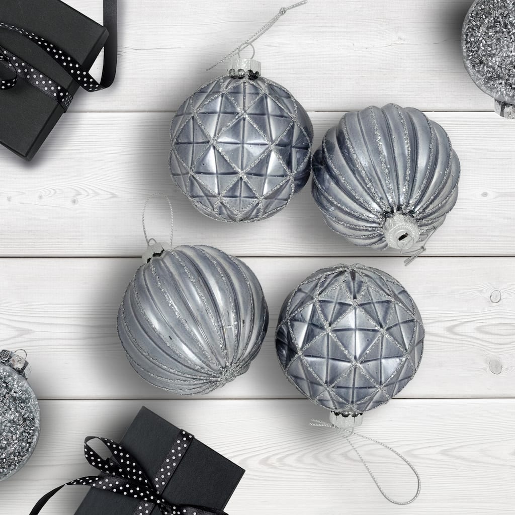 Geometric Glittered Shiny Glass Ball Christmas Ornaments - 3" (80mm) - Pewter - 4ct