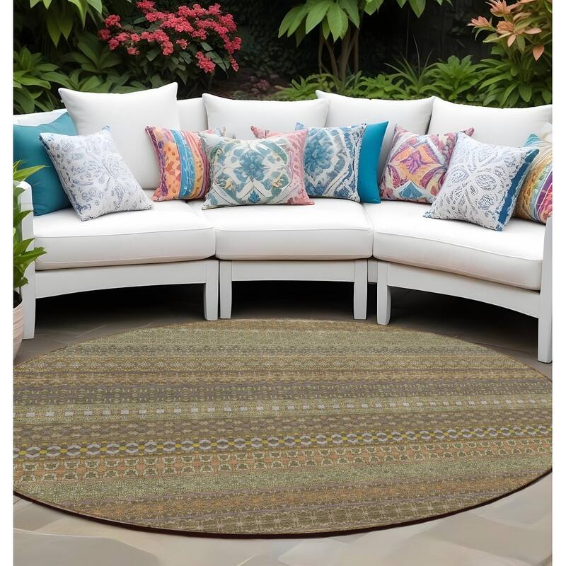 Pafi Stripe Weather Resistant Blended Style Outdoor Rug - 8' Round - Brown