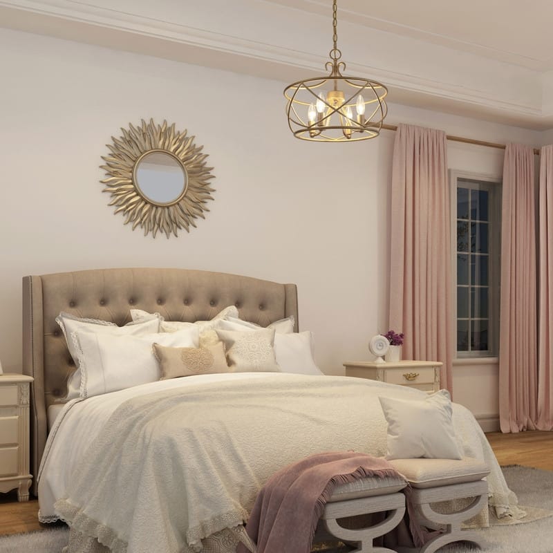 Mid-century Modern Gold Rustic Cage Chandelier Dimmable Adjustable Farmhouse Drum Pendant Light - D15.7"xH14.3"