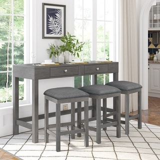 4-Piece Counter Height Table Set with Socket and Fabric Padded Stools ...