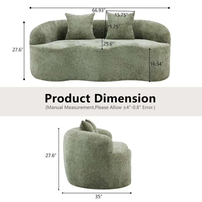 Roomfitters Green Curved Loveseat Sofa with Round Armrest, Compression Couch with 2 Pillows for Living Room & Bedroom
