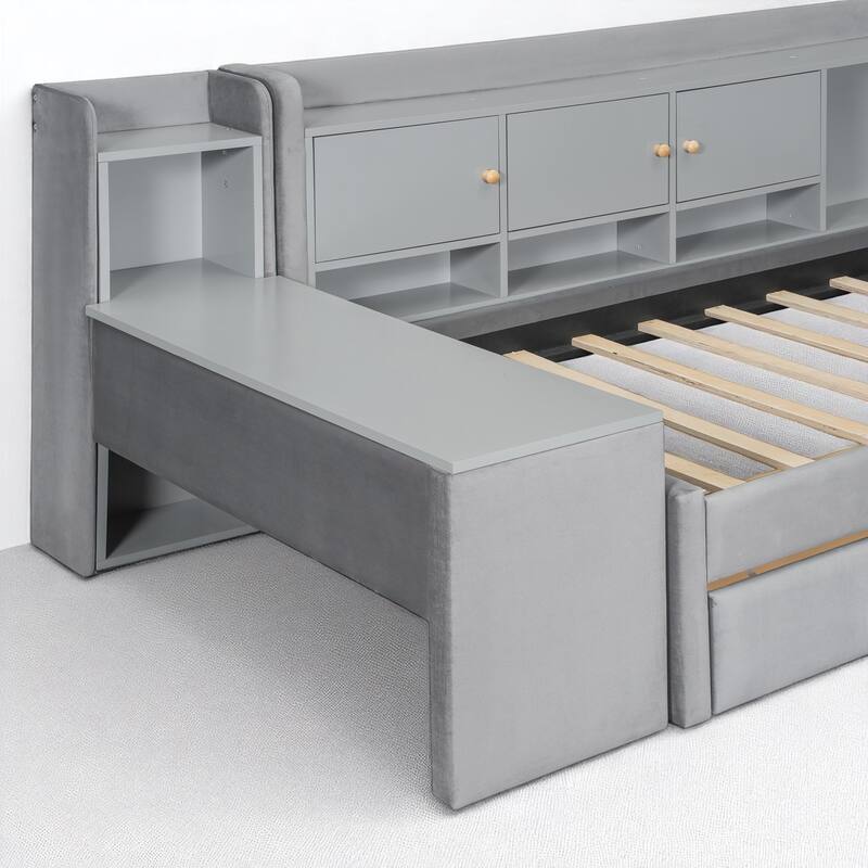 Multi-Functional Twin Daybed with Storage Drawers, Shelves, Flip Cabinets, and Side Table for Small Rooms