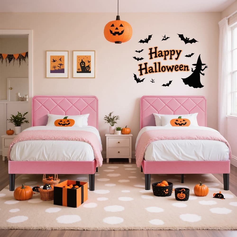 2 Pack Twin Size Kids Bed Frame Height Adjustable Diamond Pattern Upholstered Headboard Bed Twin Size Bed Set of 2