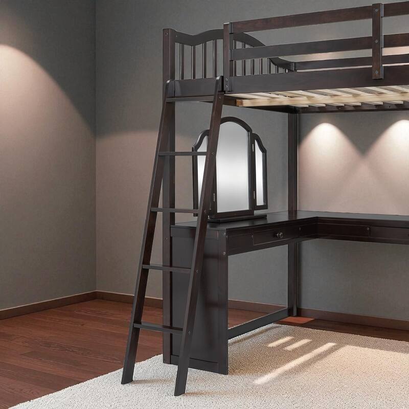Full Size Wooden Loft Bed with U-Shaped Desk, 4 Compartments, 2 Drawers and Tri-Fold Mirror