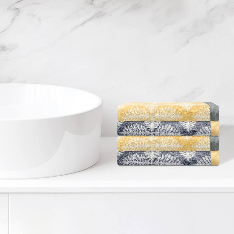 Cotton Comfort Washcloths, Highly Absorbent and Lightweight Face Towels for Hotel, Spa, Bathroom 13" x 13" - Leaf-Pattern - 4 Pack