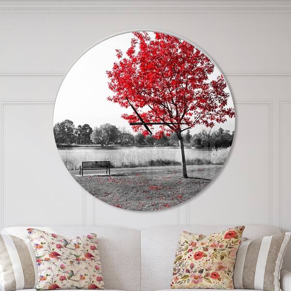 slide 2 of 10, Designart 'Red Tree over Park Bench' Large Floral Wall CLock