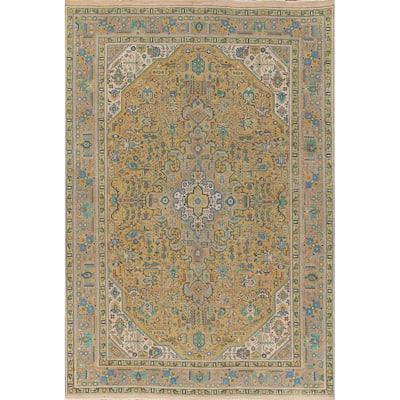 Hand Knotted Oriental 100% Wool Carpet Traditional Medallion Yellow & Gold Tabriz Area Rug - 11' 5'' X 8' 1''