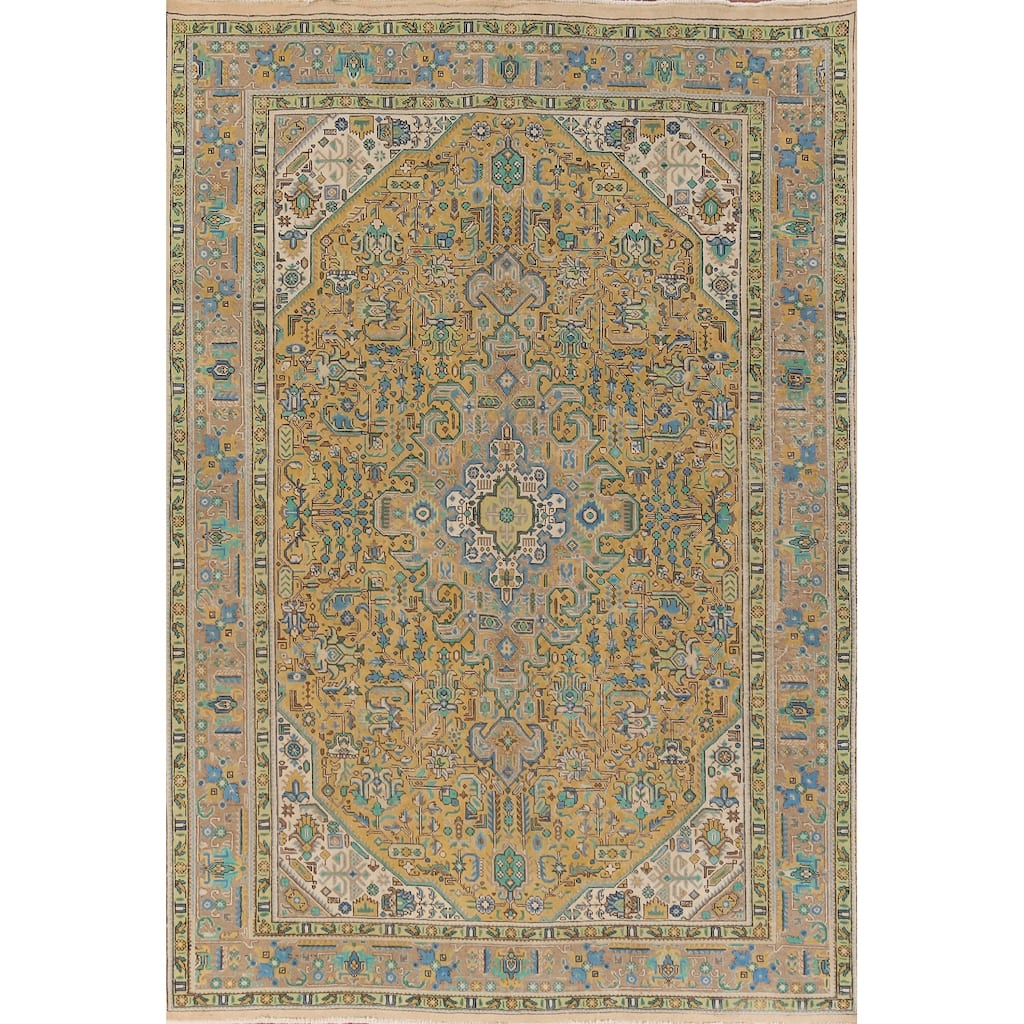 Hand Knotted Oriental 100% Wool Carpet Traditional Medallion Yellow & Gold Tabriz Area Rug - 11' 5'' X 8' 1''