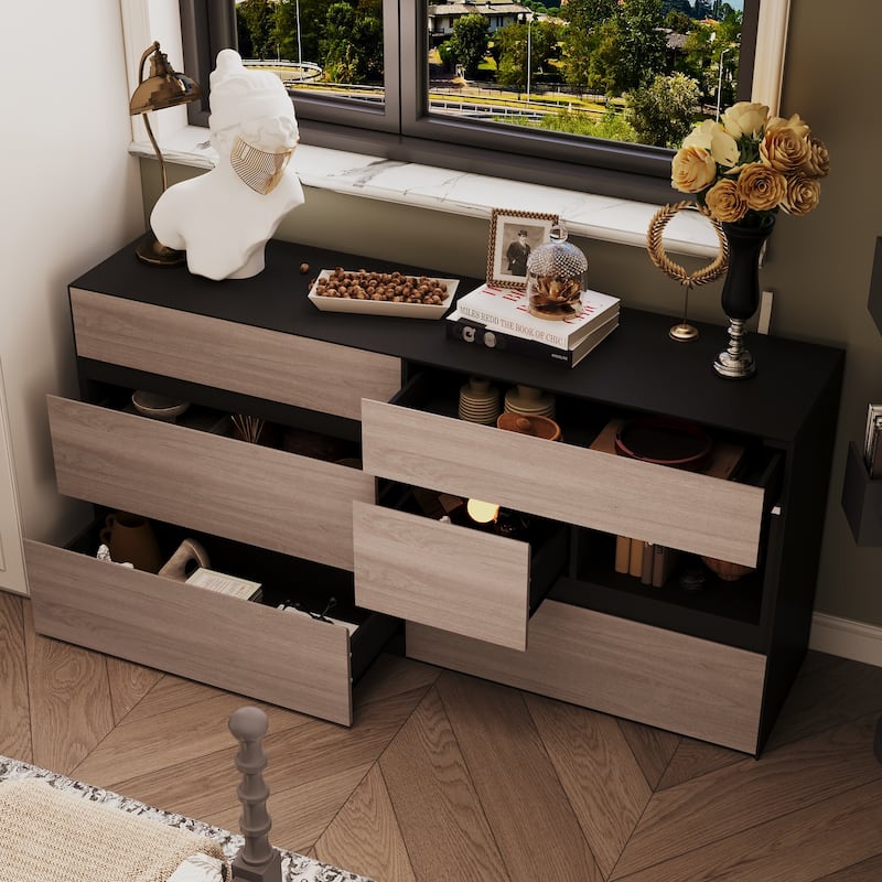 Dresser Sideboard with Wood Grain Drawers and Black Cabinet Wide Organizer for Hallway, Office, or Closet