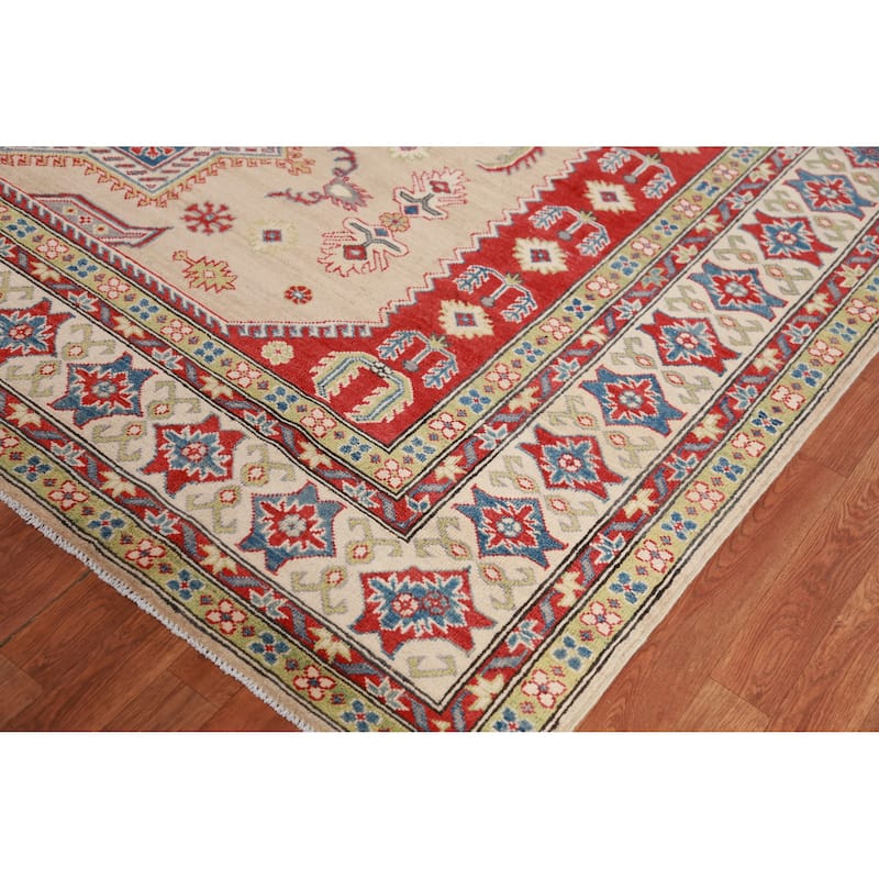 Hand Knotted Oriental 100% Wool Carpet Traditional Geometric Peach Kazak Area Rug - 9' 9'' X 8' 4''