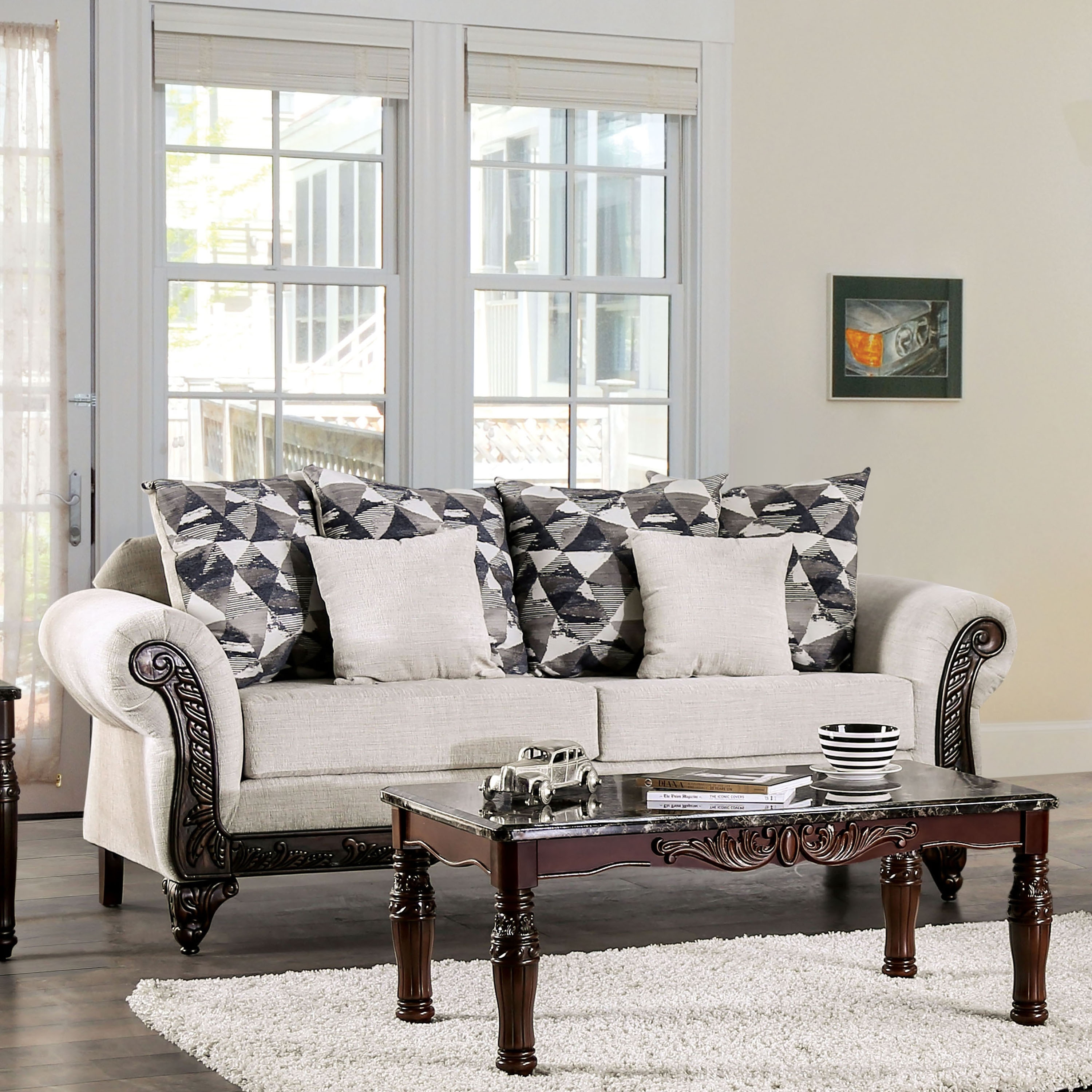 Furniture of America Culprina Traditional Light Grey Chenille Upholstered Rolled Arms Sofa