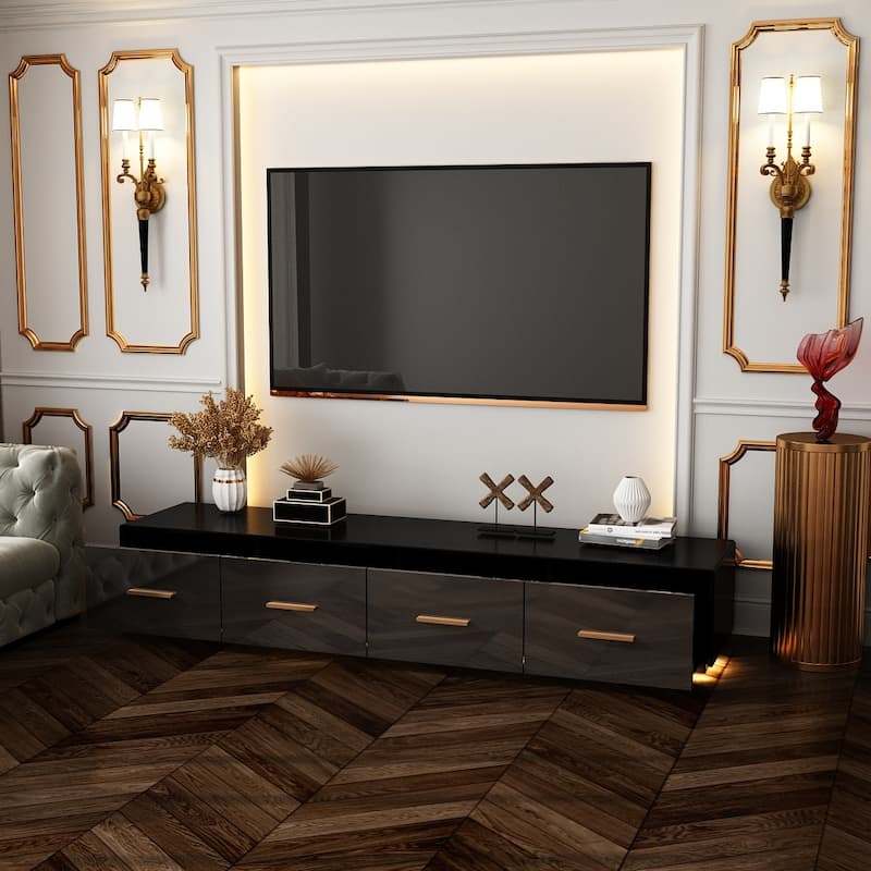 Black Entertainment Center Spacious Luxurious TV Stand Golden Accents - 70.9"