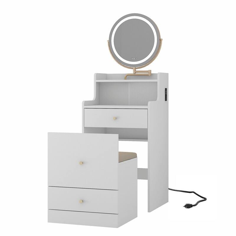 3 in 1 Vanity Desk With mirror and light ,Small makeup vanity set with charging station, 2 drawers , upholstered stool