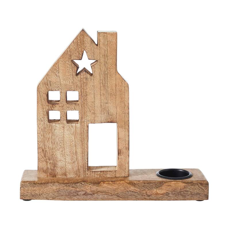 Tealight Holder Wooden Saltbox House w/ Star Natural 10.25x9x2.5 - N/A