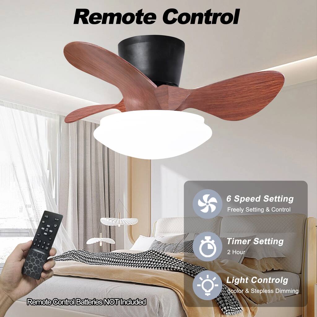 24" Flush Mount Ceiling Fans with Light & Remote Control, Walnut+Black