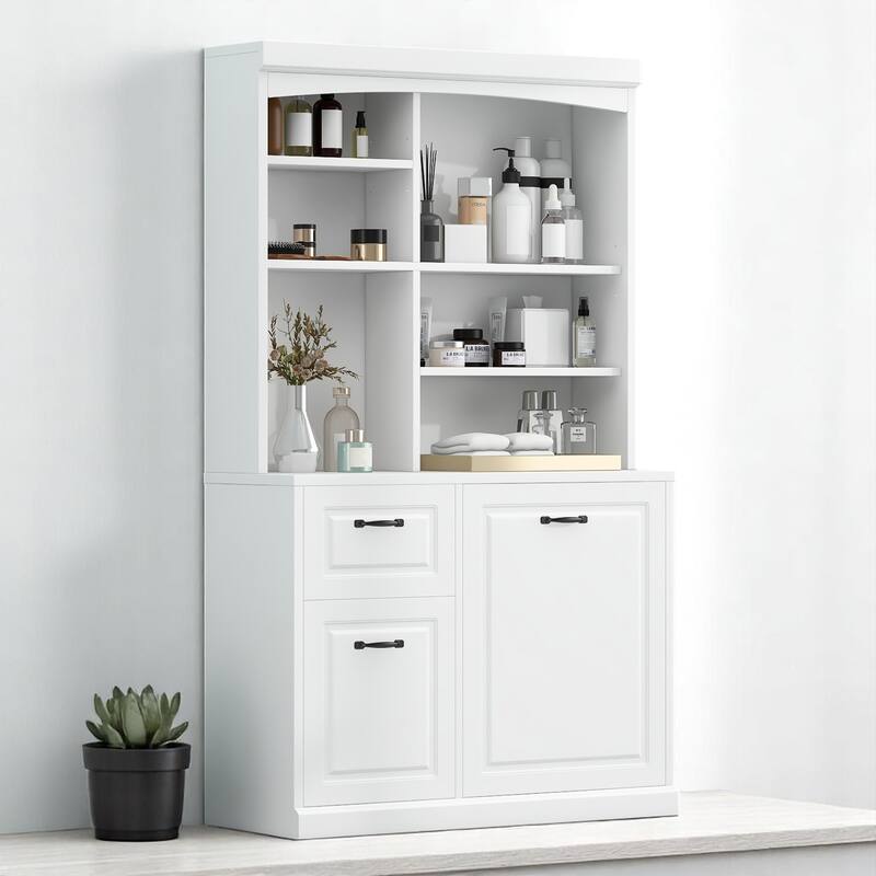 Freestanding 70.9 Inch Bathroom Cabinet with Hamper, 2 Drawers, Open Shelves & Steel Handles, White Finish - White