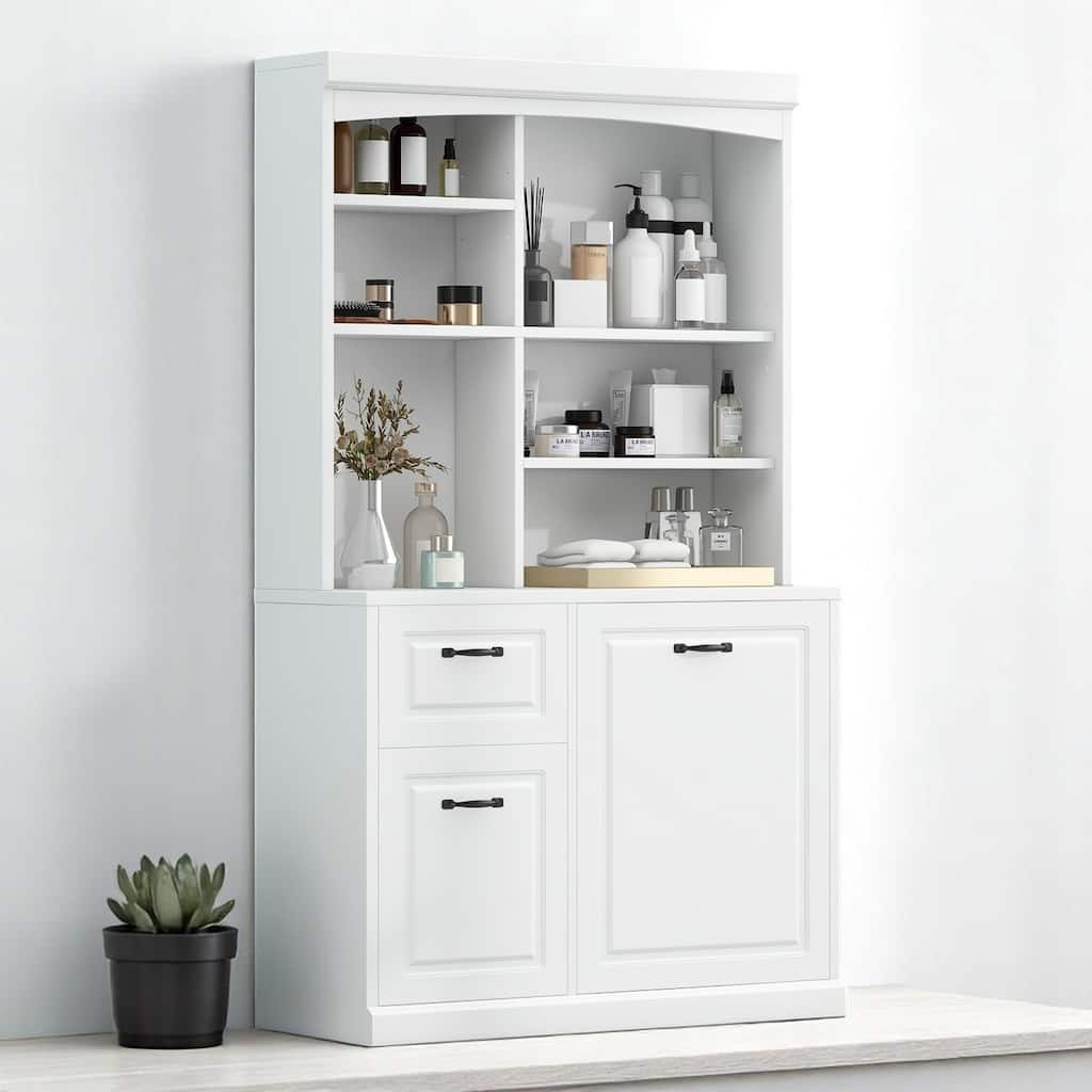 Freestanding 70.9 Inch Bathroom Cabinet with Hamper, 2 Drawers, Open Shelves & Steel Handles, White Finish