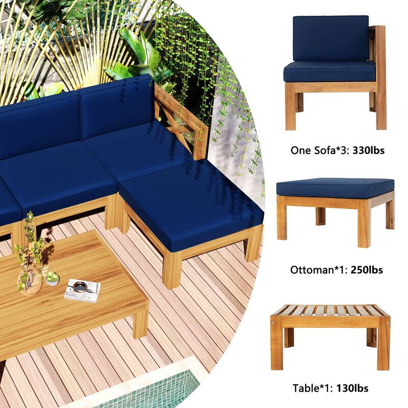 Wooden 5-Piece Sectional Patio Seating Set with Cushions & Tea Table, UV & Water Resistant