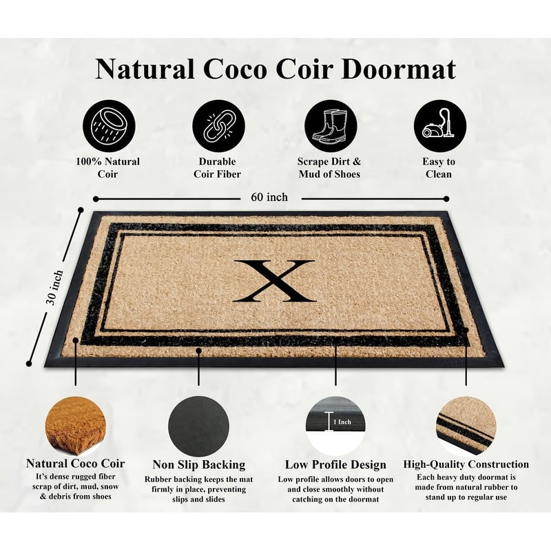 A1HC Natural Coir & Rubber Non Slip Thin Profile Front Door Large Monogrammed Door Mats 30x60 Inches