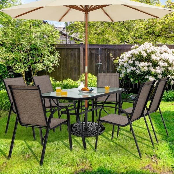 54 inch patio table glass top with umbrella hole 54" ROUND TOPS 2" Center The thick tempered glass top consists of an umbrella hole for a market umbrella to help shade you while eating and socializing Rectangular Glass Metal Patio Table