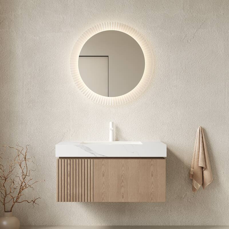 Floating Bathroom Vanity with Sintered Stone Top and Undermount Ceramic Basin - 35.83'' x 18.9'' x 17.72'' - Light Brown and Carrara White