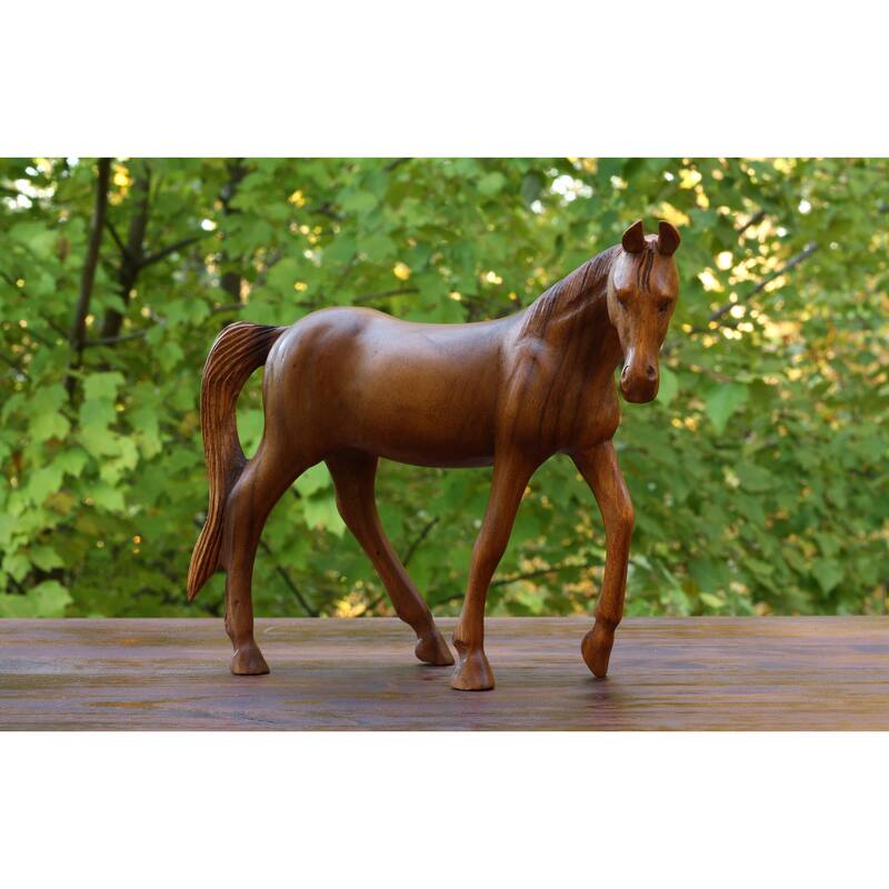 12" Large Wooden Hand Carved Walking Horse Art Figurine Statue Sculpture Handcrafted Handmade Home Decor Accent Decoration