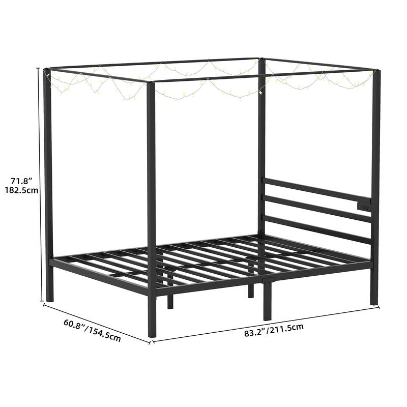 Moasis Black Canopy Bed Frame King, Four Poster Bed with Charge Station & Star-Shaped LED Light, 14 Inch Platform