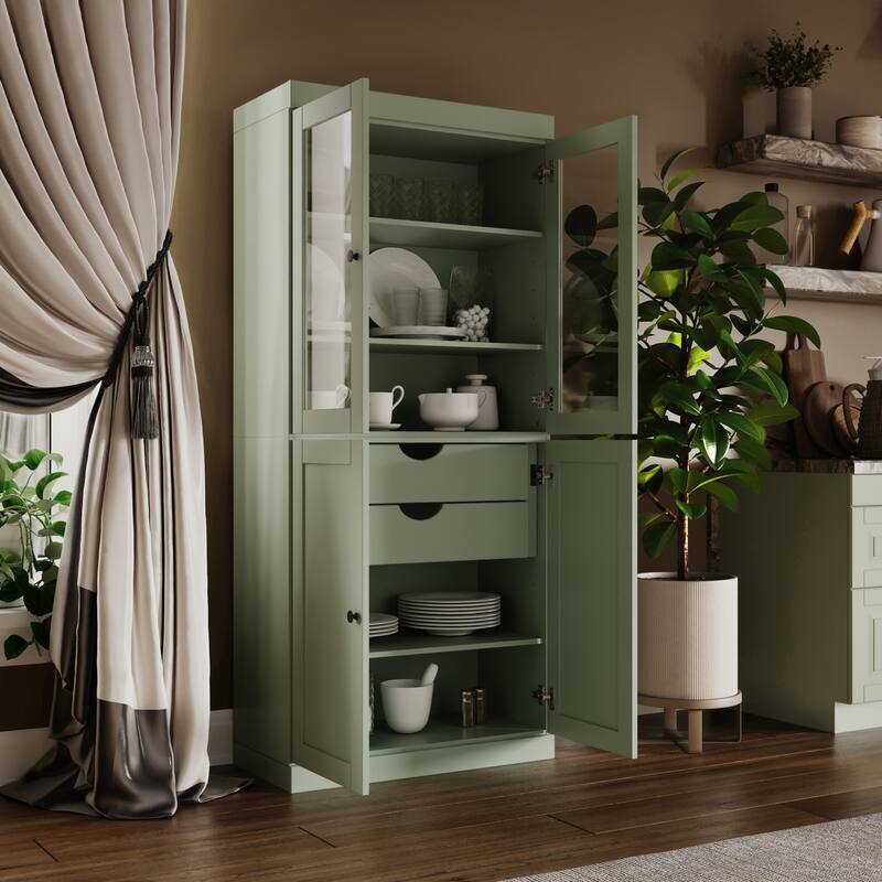 Palace Imports 100% Solid Wood 32" Pantry Cabinet with Clear Glass, Shaker Doors, 2-Drawers and Adjustable Shelves - Sage