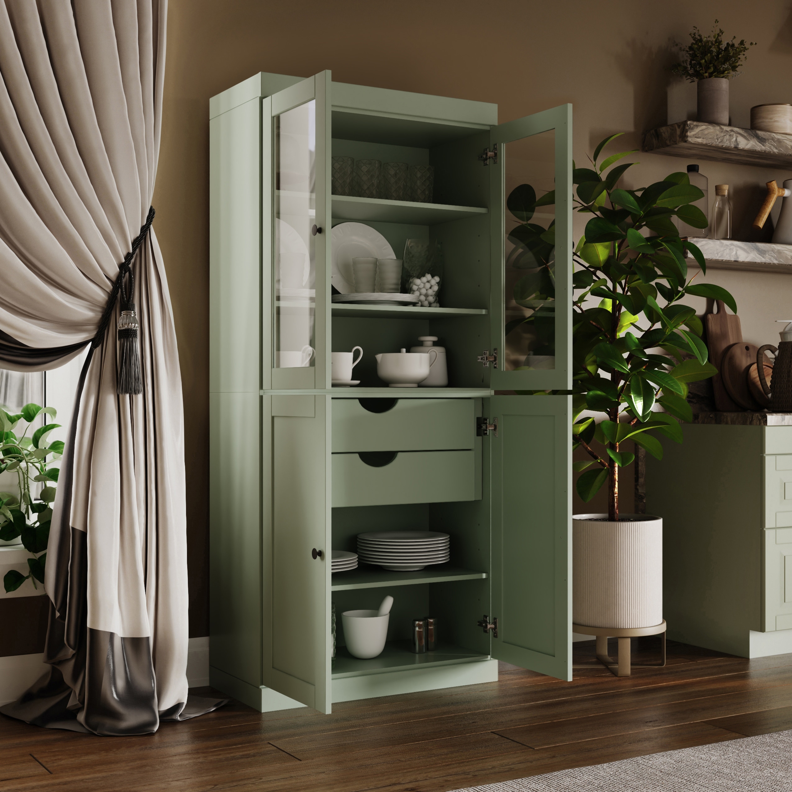 Palace Imports 100% Solid Wood Tall Clear Glass & Shaker Pantry Cabinet with 2 Drawers, 32" W x 71.5" H