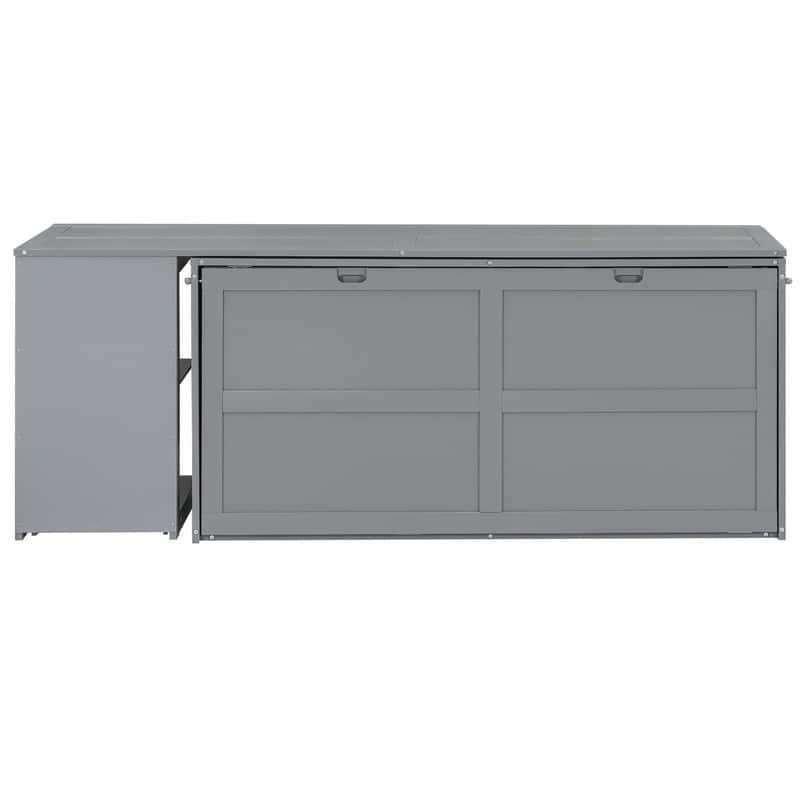 Queen Size Mobile Murphy Cube Cabinet Bed with Rotable Desk, Solid Wood Murphy Bed Chest Platform Murphy Bed for Guest Room