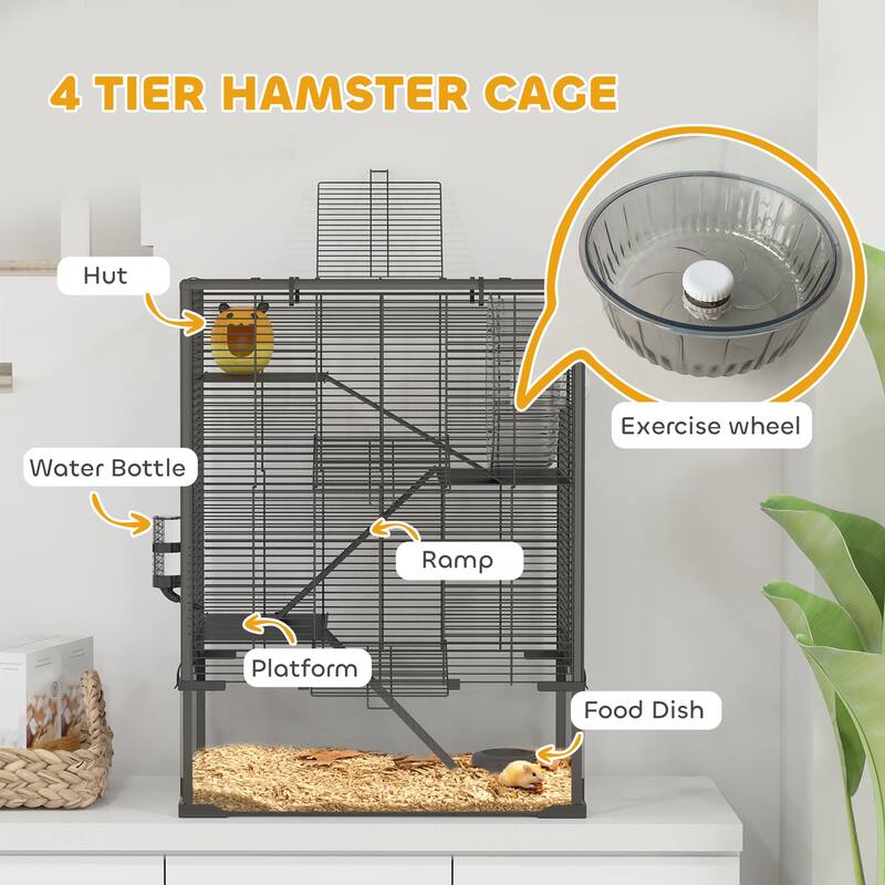 PawHut Large Hamster Cage with Deep Tempered Glass Bottom, 4 Tiers Hamster Tank with Running Wheel, Hut, Water Bottle, Black