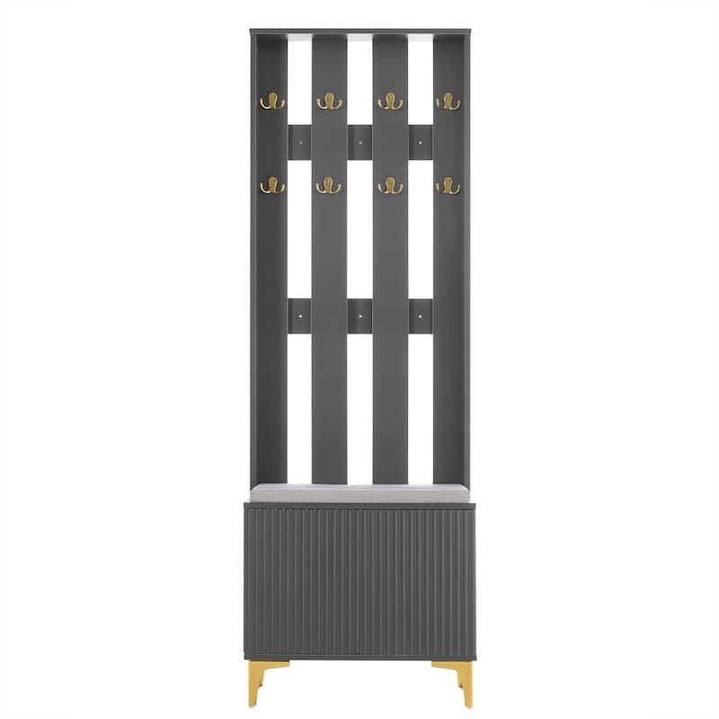 Modern 4-in-1 Hall Tree, Coat Rack with 8 Gold Hooks & Entryway Bench