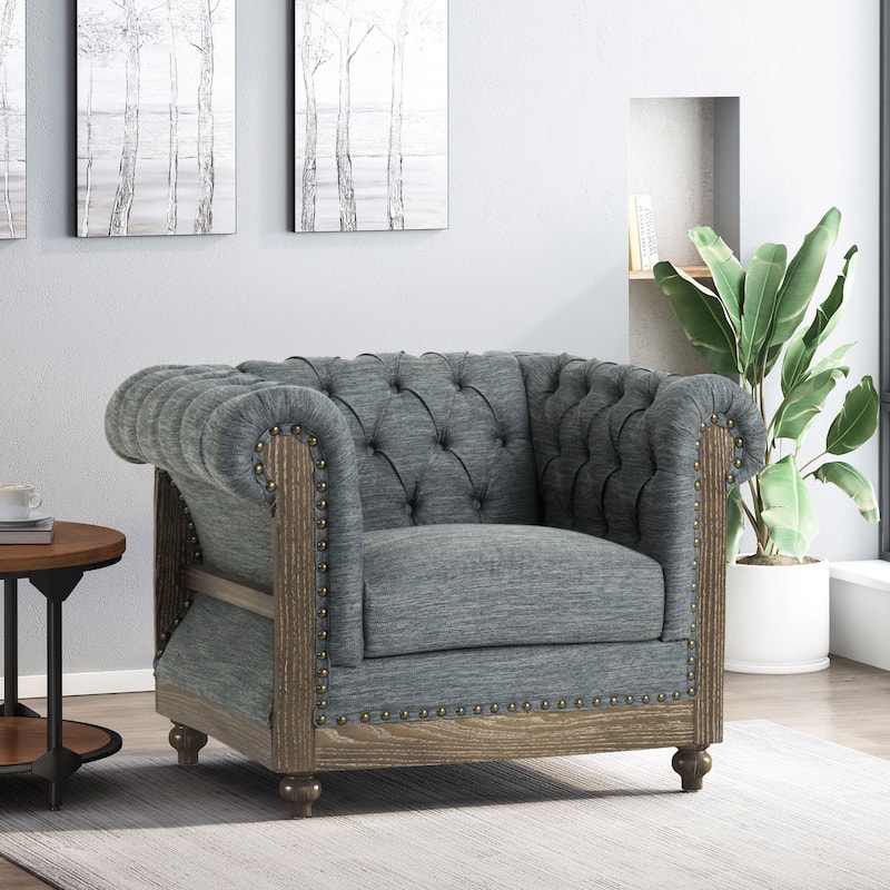 Fabric Chesterfield Club Chair, Tufted Rolled Arm Single Sofa, Mid-Century Modern Upholstered Accent Chair with Wood Frame