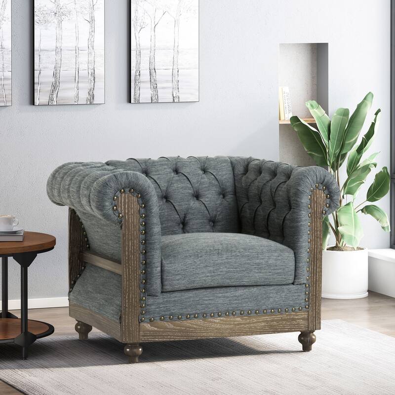 Roomfitters Tufted Barrel Armchair with Wood Trim, Nailhead Accents and Rolled Back for Living Room or Office, Charcoal