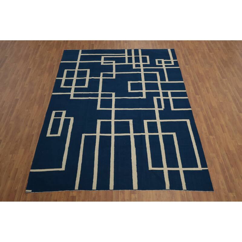 Hand Woven Oriental 100% Wool Carpet Southwestern Modern Navy Blue & Blues Kilim Area Rug - 12' 0'' X 8' 8''