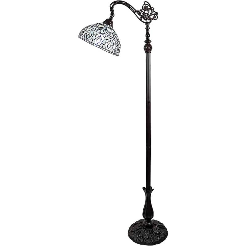 Brown Metal Torchiere Floor Lamp with White Peacock Glass Shade - 12” x 12” x 62” (D x W x H)